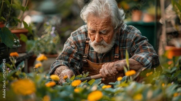 Fototapeta An elderly man is meticulously caring for vibrant flowers in a lush garden, showcasing the beauty of nature and the joy of gardening at an older age.