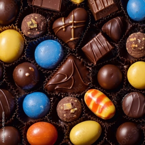 Obraz A box of assorted chocolates on a dark chocolate background. A variety of shapes and colors of candies.