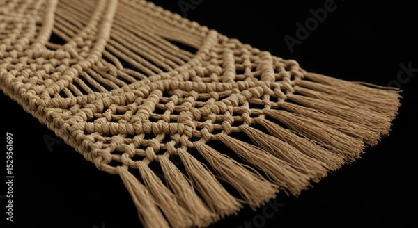 Fototapeta Close-up of macrame with fringe details on black background