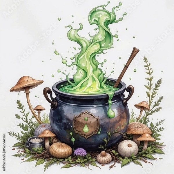 Obraz Watercolor painting, witch's cauldron bubbling with green potion, surrounded by ingredients like mushrooms and herbs, white background, detailed and realistic, magical atmosphere, stock illustration