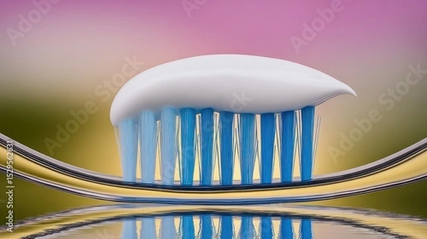 Fototapeta Macro Closeup of Blue Toothbrush Bristles with White Toothpaste on Gold Background