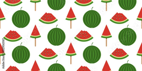 Fototapeta Seamless Pattern with Whole Watermelons, Slices and Popsicles on a Transparent Background. Fresh and Colorful Watermelon Seamless Design. Vector illustration.