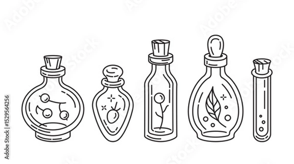 Fototapeta Minimalist potion and lab bottles fantasy line art icons for digital planners and alchemy themes