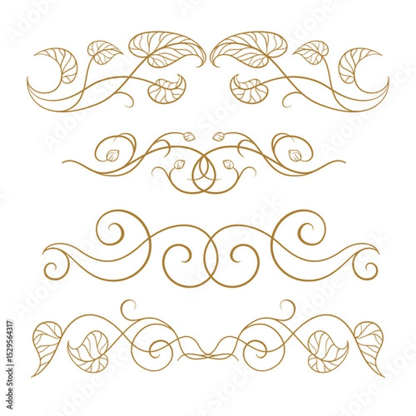 Fototapeta Nature-inspired swirl dividers with curled leaves. Organic line ornaments for rustic and vintage designs.