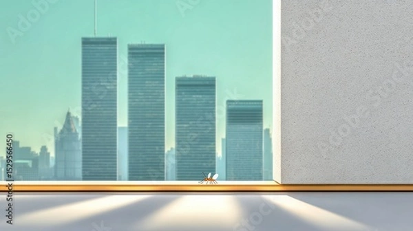 Fototapeta Miniature Figures Beside Modern Skyscrapers Viewed Through a Window
