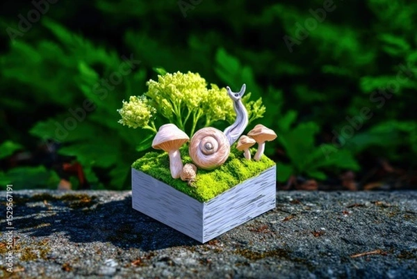 Fototapeta Miniature Snail Ecosystem Diorama with Mushrooms and Moss