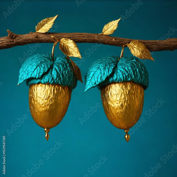 Obraz Golden Acorns on Teal Leaves Branch, Nature Still Life, Elegant Botanical