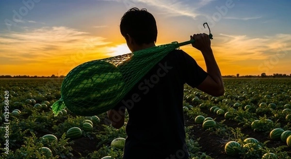 Fototapeta Young man carrying a watermelon in a net bag at sunset over a watermelon field