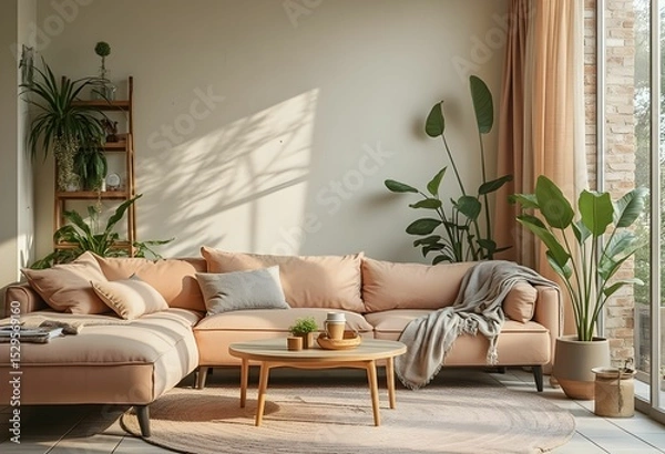 Obraz Warm and inviting living room with soft lighting.