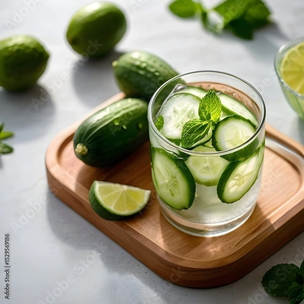 Obraz Refreshing cucumber mint water with limes on a wooden tray.