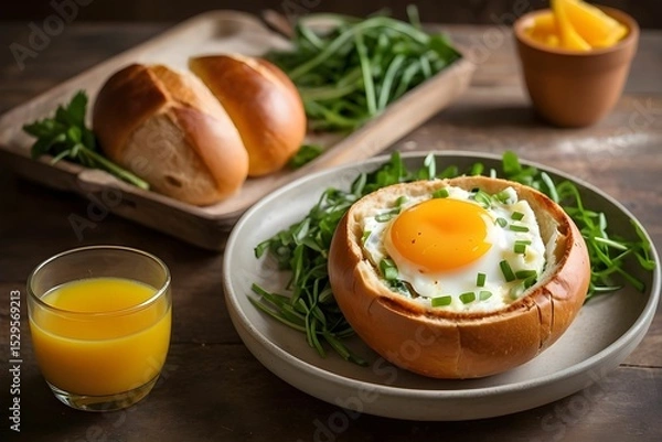 Obraz Sunny-Side Up Egg in Bread Bowl with Greens