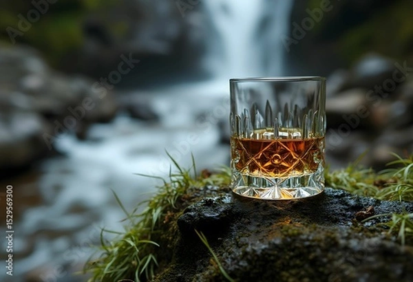 Obraz Whiskey Glass on Mossy Rock by Waterfall