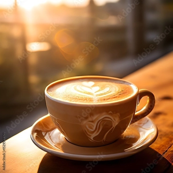 Obraz Warm Morning Coffee with Latte Art on Wooden Table
