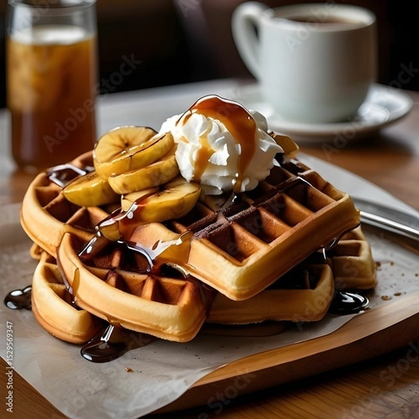 Obraz Stack of waffles with banana and caramel sauce