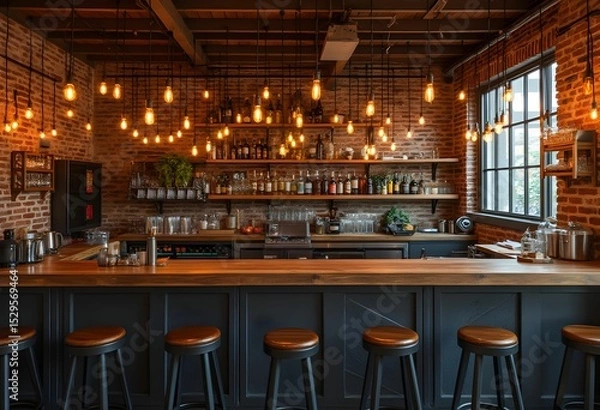 Obraz Warm inviting bar with exposed brick and Edison bulbs.