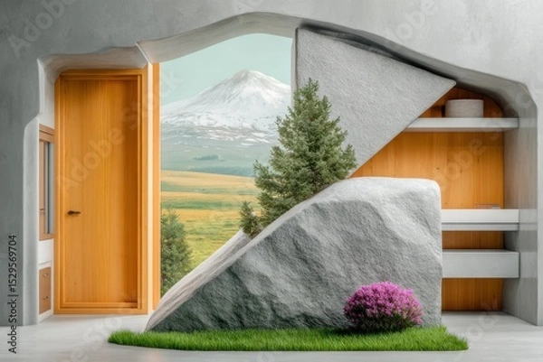 Fototapeta Modern Minimalist Interior Design Featuring a Large Rock and Mountain View