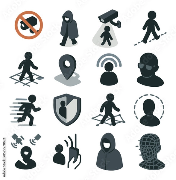Fototapeta Surveillance evasion figures isometric set. figure with blocked camera icon, cloaked user avoiding detection, silhouette under CCTV beam, encrypted path