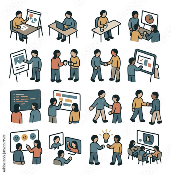 Fototapeta Productivity scenes isometric set. team planning session, solo focus avatar, group pitch table, design review in progress, shared whiteboard moment, casual