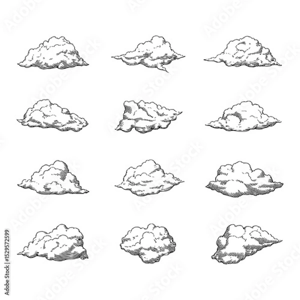 Fototapeta Set of Cloud Sketch Collections Black and White Outline Line Art Drawing with Various Shapes