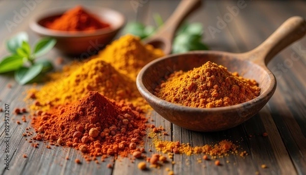 Fototapeta Colorful spices in wooden spoons enhance culinary creativity