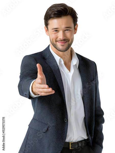 Fototapeta Handshake of Partnership: A smartly dressed professional extends a welcoming hand, exuding confidence and embodying the essence of a successful business deal.