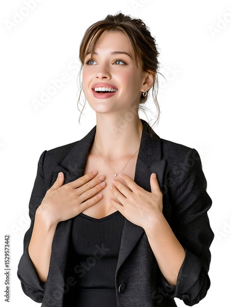 Fototapeta Serene Self-Assurance: A young woman embodies confidence and poise, her gaze directed upward with a gentle smile. She is dressed in a dark suit.