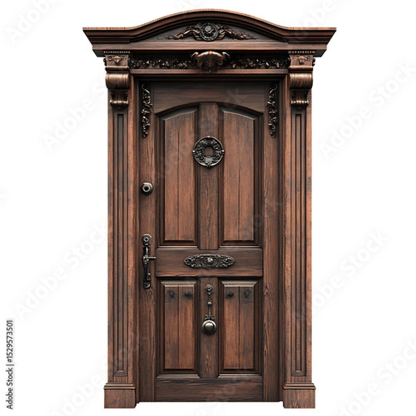 Fototapeta Intricate Wooden Door: A detailed shot of a beautifully carved wooden door, showcasing ornate design and old world charm. the door evokes a sense of history, craftsmanship, and architectural detail.