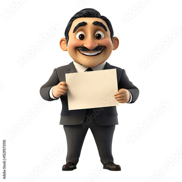 Fototapeta Presentation of Professional: A professional male character stands confidently, holding a blank sign. The man conveys a message with expressive gestures.