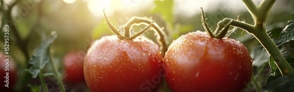 Fototapeta Brightly colored tomatoes, covered in water droplets, shine under warm sunlight in a lush garden. The natural environment enhances their freshness, evoking a sense of tranquility
