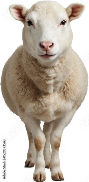 Fototapeta Fluffy sheep with thick white wool and calm expression, isolated on a transparent background. Natural texture and lifelike details with soft and clean appearance.

