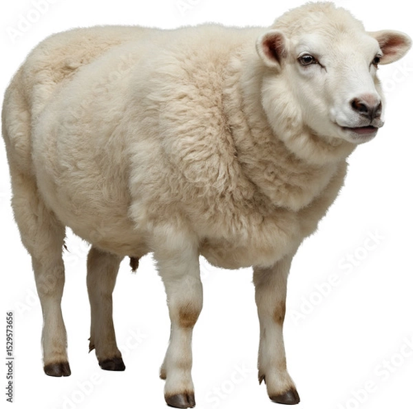 Fototapeta Fluffy sheep with thick white wool and calm expression, isolated on a transparent background. Natural texture and lifelike details with soft and clean appearance.

