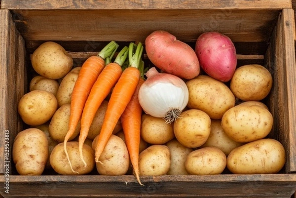 Fototapeta A wooden crate displays a vibrant collection of freshly harvested carrots, potatoes, and onions, reflecting a rustic farm atmosphere and natural colors