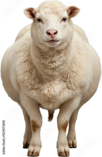 Fototapeta Fluffy sheep with thick white wool and calm expression, isolated on a transparent background. Natural texture and lifelike details with soft and clean appearance.

