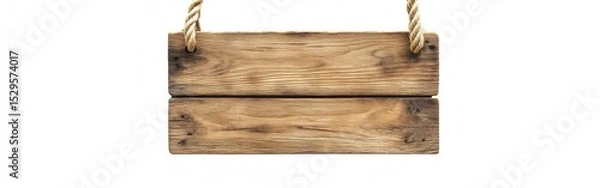Fototapeta A rustic wooden sign hangs from a rope, showcasing its natural texture and grain. Set against a pure white background, it provides a versatile and clear canvas for various messages