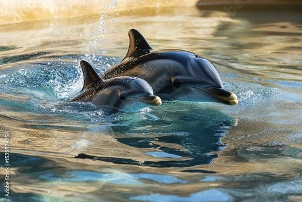Fototapeta A young dolphin calf gracefully swims next to its mother in crystal-clear water, highlighting their close bond and the vibrant marine environment around them