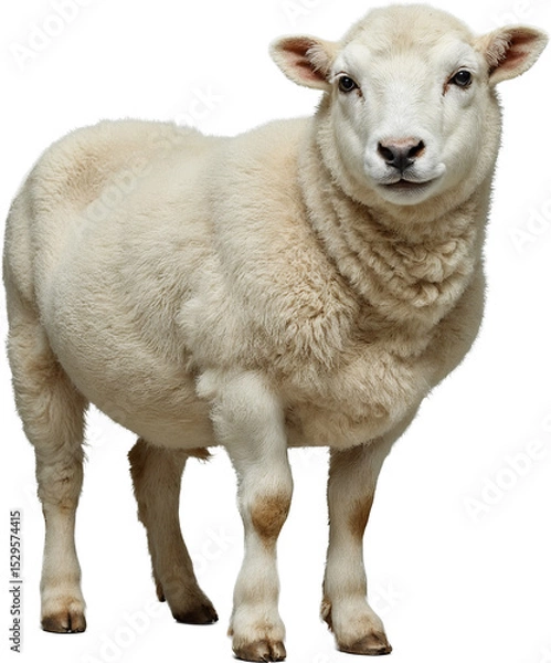 Fototapeta Fluffy sheep with thick white wool and calm expression, isolated on a transparent background. Natural texture and lifelike details with soft and clean appearance.

