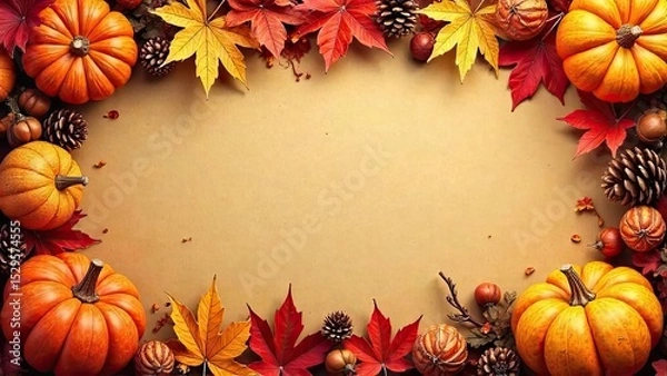 Fototapeta Autumn-themed frame with colorful leaves, pumpkins, and pine cones. Blank space for text. Ideal for Halloween or seasonal decorations, banner, copy space.