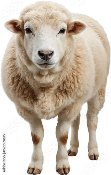 Fototapeta Fluffy sheep with thick white wool and calm expression, isolated on a transparent background. Natural texture and lifelike details with soft and clean appearance.

