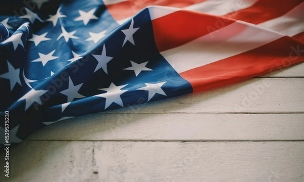 Obraz American flag draped on white wood background