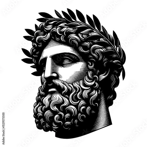 Fototapeta Bearded Greek Statue Head with Head Ornament Ancient Classical Mythology Black and White Outline Line Art Drawing