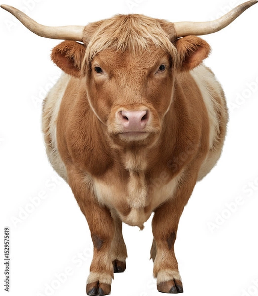 Fototapeta Isolated shaggy brown Yak with curved horns, standing on a transparent background. Ideal for wildlife, mountain farm, or design projects requiring robust bovine imagery.
