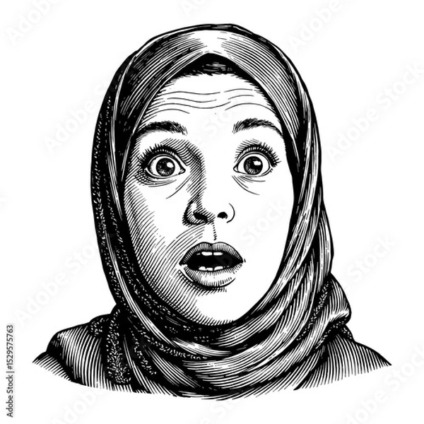 Fototapeta Black and White Outline Line Art Drawing of a Hijabi Girl with Very Shocked Expression Portrait