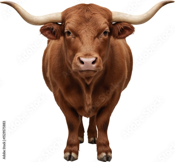 Fototapeta Isolated shaggy brown Yak with curved horns, standing on a transparent background. Ideal for wildlife, mountain farm, or design projects requiring robust bovine imagery.