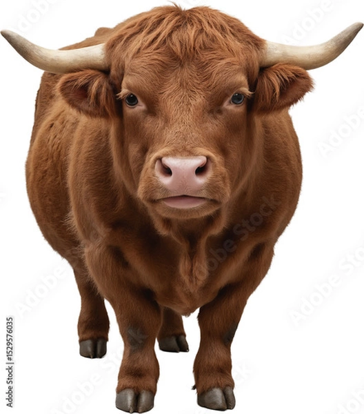 Fototapeta Isolated shaggy brown Yak with curved horns, standing on a transparent background. Ideal for wildlife, mountain farm, or design projects requiring robust bovine imagery.