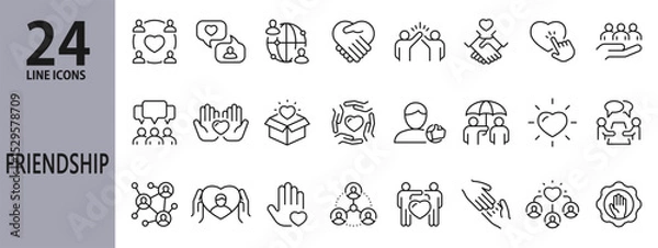 Obraz Friendship line icons set with Friends, Love, Relationship, Care, People, Community and more. Editable Stroke