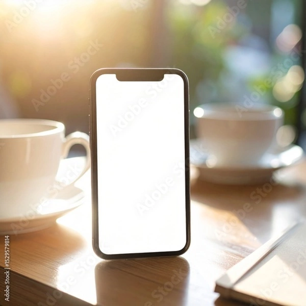 Obraz Blank Smartphone Screen on Wooden Table with Coffee Cups