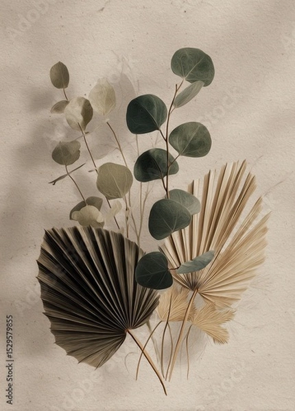 Fototapeta Dried palm leaves and eucalyptus branches are arranged on beige paper. Soft shadows fall across the scene.