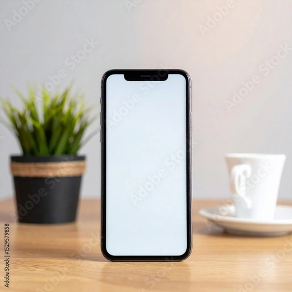 Obraz Smartphone with Blank Screen on Wooden Desk