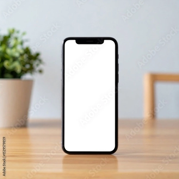 Obraz Black Smartphone with Blank White Screen on Wooden Table