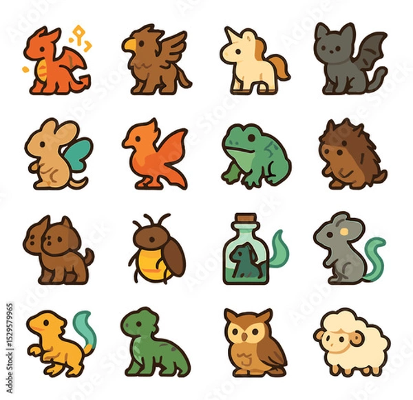 Obraz Miniature magical beasts isometric set. tiny dragon with runes, pocket-sized griffin, mini unicorn, bat-winged kitten, fae mouse, shrunken phoenix.